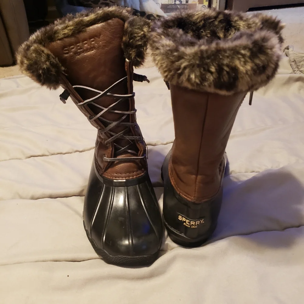 Sperry Girl Brownblack Topsider Saltwater Duck boots fauxfur lining Waterproof 3